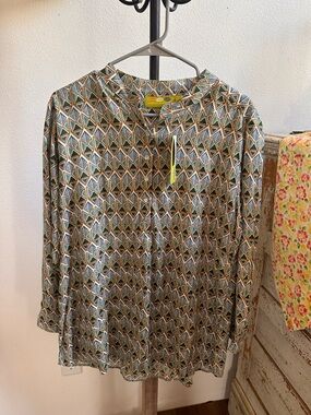 Rockflowerpaper Printed Button-Up Shirt in Teal & Brown